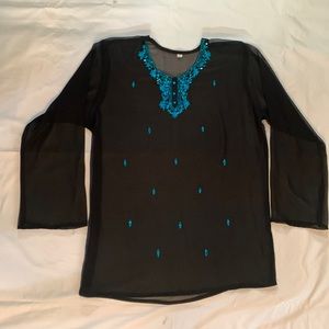 Sheer Black & Turquoise Embroidered Tunic with Turquoise Sequins